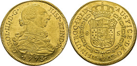 Lima. 8 escudos. 1773. JM. Casi SC/SC+. Soberbio. Muy escasa