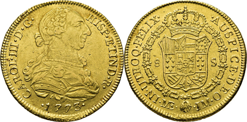 CARLOS III. Lima. 8 escudos. 1773. JM. Marca de ensayador a la derecha del Toisó...