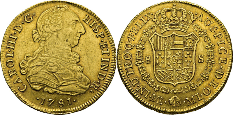 CARLOS III. Lima. 8 escudos. 1781. MI. Cy12927. 26´97 g. Raya en campo. Finas ra...