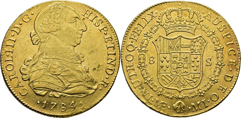 CARLOS III. Lima. 8 escudos. 1784. MI. Cy12953. 26´97 g. Bastantes rayitas, sobr...
