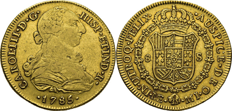 CARLOS III. Lima. 8 escudos. 1785. MI. Cy12969. 26´91 g. Marquitas y rayitas, un...