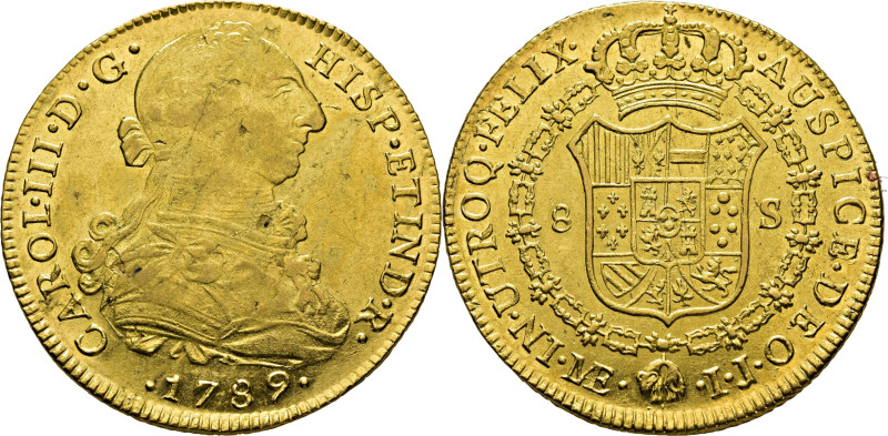 CARLOS III. Lima. 8 escudos. 1789. IJ. Cy13013. 26´89 g. Acuñación de anverso al...