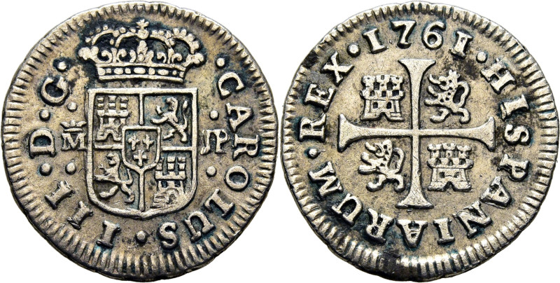 CARLOS III. Madrid. 1/2 real. 1761. JP. Cy11037. 1´42 g. Algunos restos de verdí...