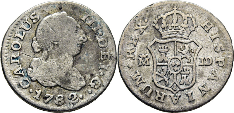 CARLOS III. Madrid. 1/2 real. 1782. JD. Cy11186. 1´39 g. Limpiada. Rayitas. BC/B...