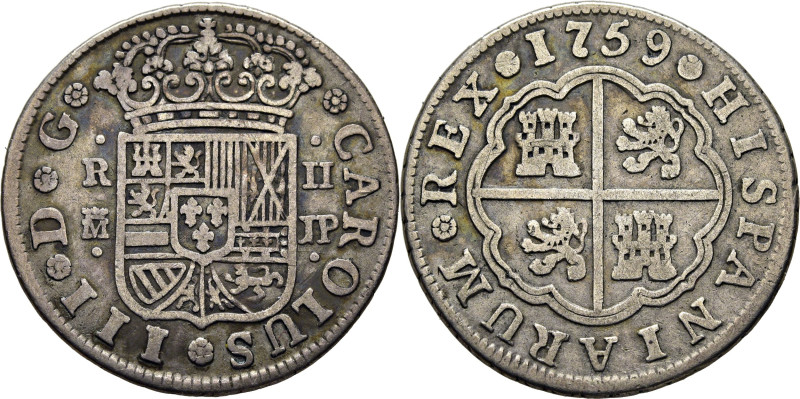 CARLOS III. Madrid. 2 reales. 1759. JP. Cy11446. 5´49 g. MBC. Suave tono