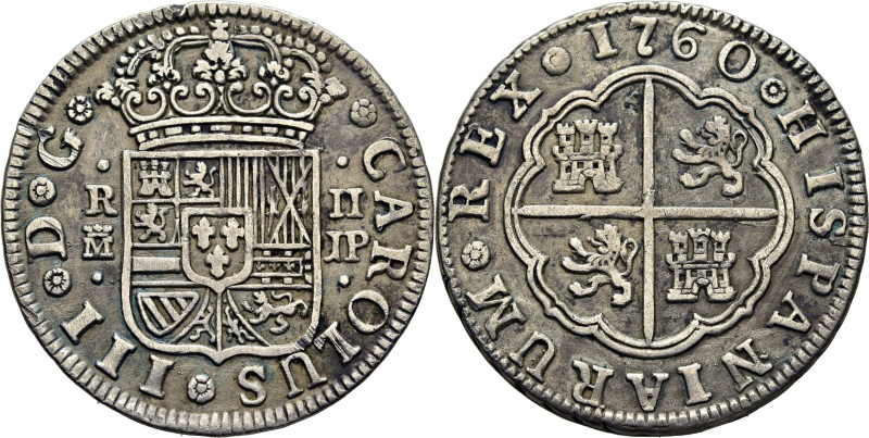 CARLOS III. Madrid. 2 reales. 1760. JP. Cy11452. 5´91 g. Suaves y finas rayitas ...