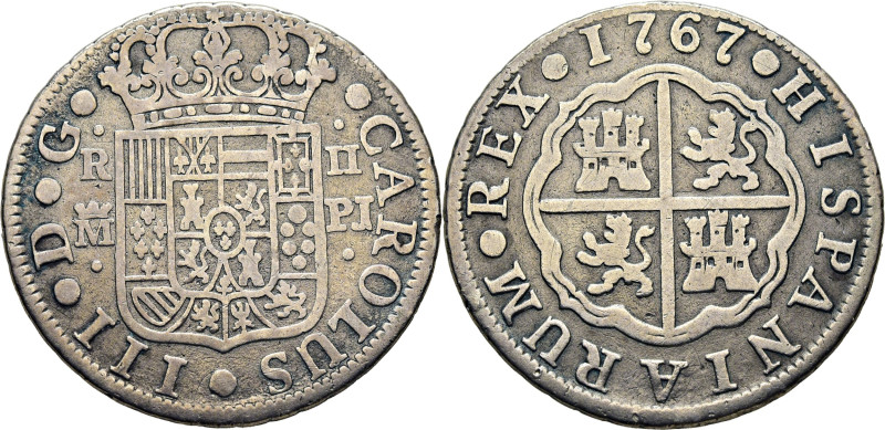 CARLOS III. Madrid. 2 reales. 1767. PJ. Cy11495. 5´44 g. Limpiada. Rayitas. BC+