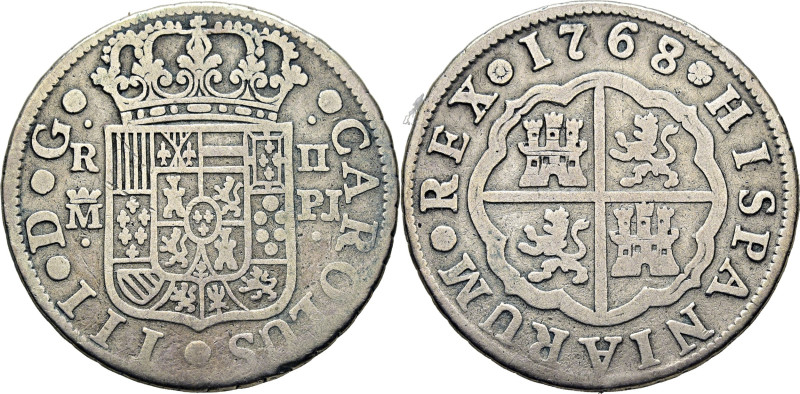 CARLOS III. Madrid. 2 reales. 1768 parece estar sobre 7. PJ. Cy11501. 5´54 g. Al...