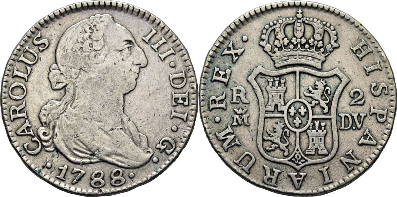 CARLOS III. Madrid. 2 reales. 1788. DV. Cy11671. 5´79 g. Algo limpiada. Rayitas ...