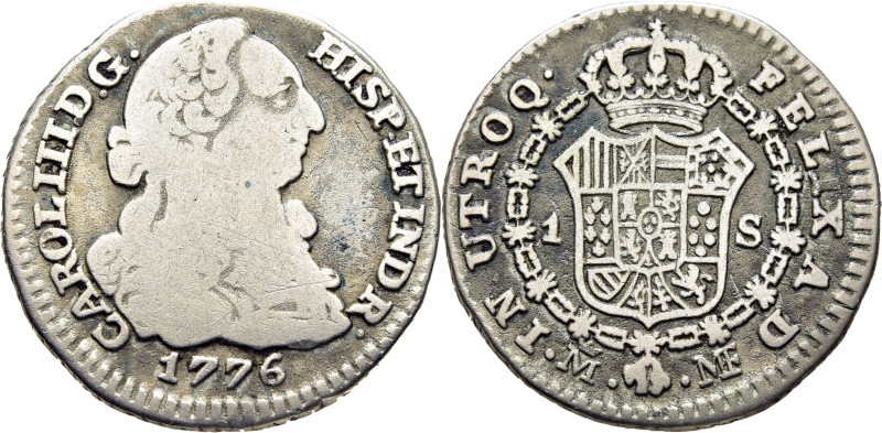 CARLOS III. Madrid. 1 escudo. 1776. MF. Falsa de época en plata. 3´37 g. Leve ox...