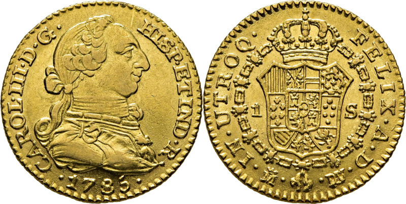 CARLOS III. Madrid. 1 escudo. 1785. DV sobre JD. Cy no cita esta rectificación d...