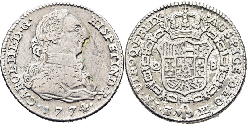 CARLOS III. Madrid. 2 escudos. 1774. PJ. Falsa en platino. 6´73 g. Limpiada con ...