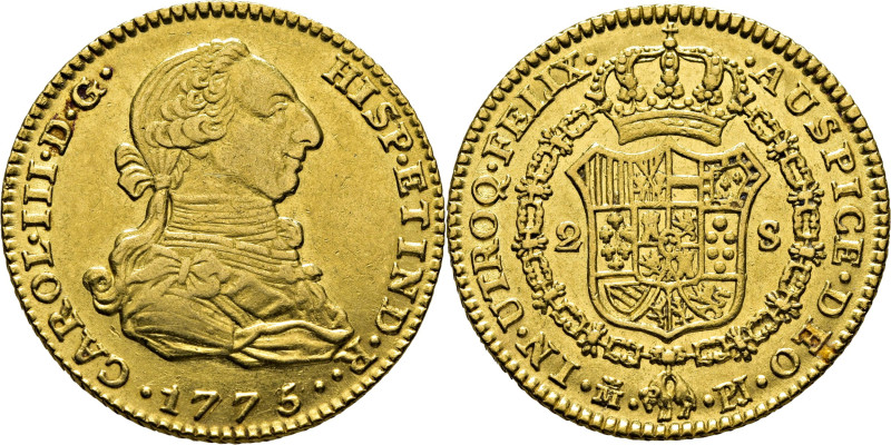 CARLOS III. Madrid. 2 escudos. 1775, el primer 7 rectificado sobre otro, y el 5 ...