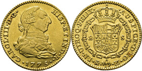 Madrid. 2 escudos. 1775, el primer 7 rectificado sobre 7, y el 5 sobre 3. EBC-/EBC