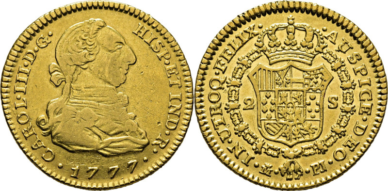 CARLOS III. Madrid. 2 escudos. 1777 sobre un 7 dislocado. PJ. Cy12468. 6´74 g. M...