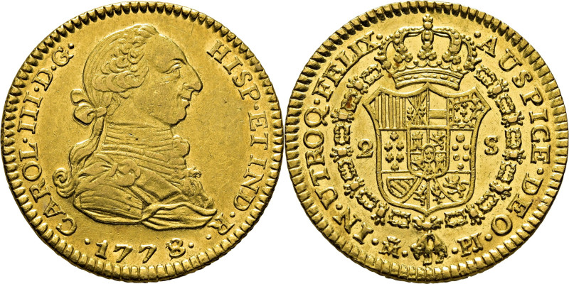 CARLOS III. Madrid. 2 escudos. 1778 sobre 7. PJ. Cy no cita esta rectificación d...