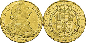Madrid. 4 escudos. 1774. PJ. Prácticametne EBC+/SC-. Atractivo. Rara