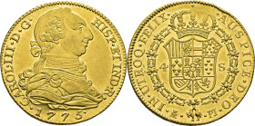 Madrid. 4 escudos. 1775 sobre 4. PJ. EBC+/SC. Muy buen ejemplar. Muy escasa