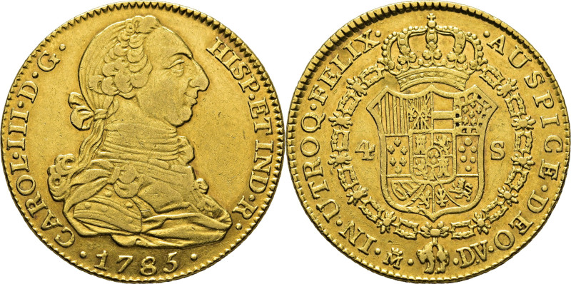 CARLOS III. Madrid. 4 escudos. 1785. DV. Cy12701. 13´44 g. Marquitas en anverso....