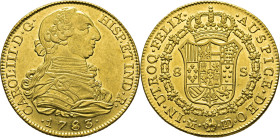 Madrid. 8 escudos. 1783 sobre 73. JD sobre PJ. SC-/FDC. Magnífico. Muy rara
