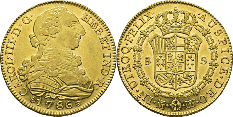 CARLOS III. Madrid. 8 escudos. 1786 sobre 74. DV sobre PJ. Cy no cita esta recti...