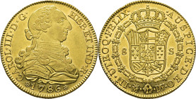 Madrid. 8 escudos. 1786 sobre 74. DV sobre PJ. EBC+/casi SC+. Magnífico. Rara