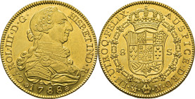 Madrid. 8 escudos. 1788, el primer 8 sobre 7. M. Casi SC. Soberbio. Muy rara