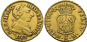 Méjico. 1 escudo. 1763. MM. Tono. Atractivo. Muy rara