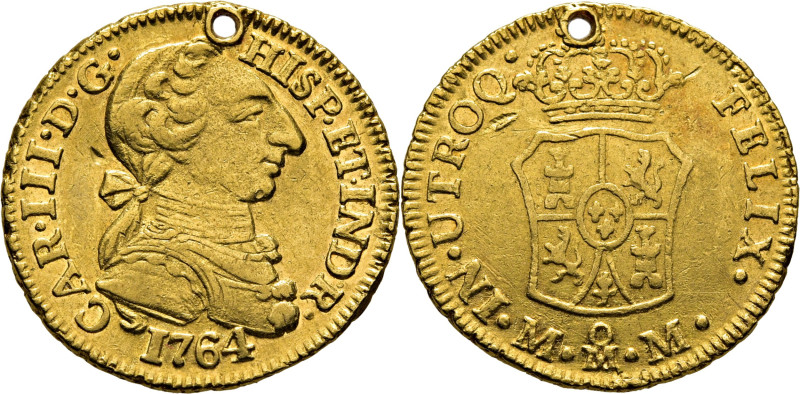 CARLOS III. Méjico. 1 escudo. 1764. MM. Cy12223. 3´36 g. Agujero. Golpecito tras...