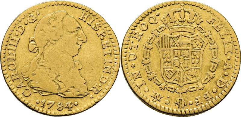 CARLOS III. Méjico. 1 escudo. 1784 sobre 3. FF. Ceca y ensayador invertidos. Cy ...