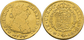 Méjico. 1 escudo. 1784 sobre 3. FF. Ceca y ensayador invertidos. Muy rara. Conocemos tres ejemplares más del 84
