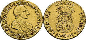 Méjico. 2 escudos. 1761 sobre 0. MM. Atractiva. Muy rara