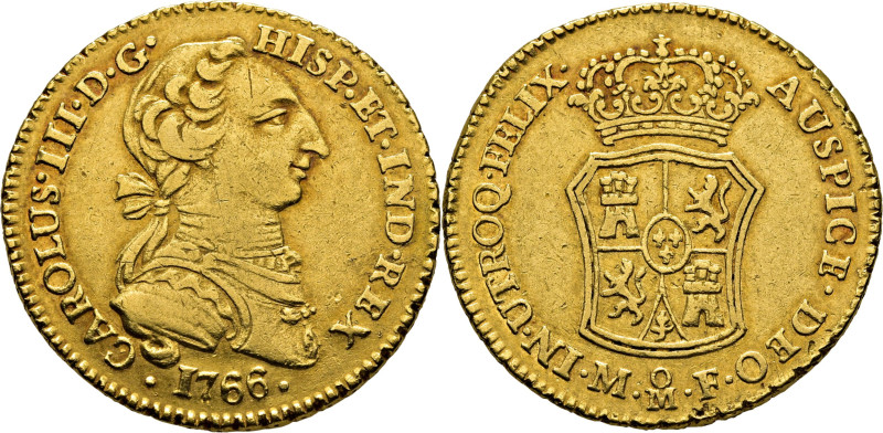 CARLOS III. Méjico. 2 escudos. 1766 el último dígito parece estar sobre otro, di...