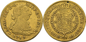 Méjico. 2 escudos. 1783 sobre 2. FF. Ceca y ensayador invertidos. Muy escasa