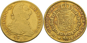 Méjico. 4 escudos. 1783. FF. Ceca y ensayador invertidos. Muy rara