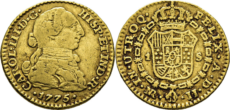 CARLOS III. Nuevo Reino, Santa Fe de. 1 escudo. 1775. JJ. Cy12274. Restrepo52-10...