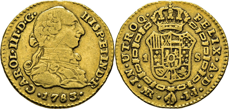 CARLOS III. Nuevo Reino, Santa Fe de. 1 escudo. 1783 rectificado sobre otro 3. J...