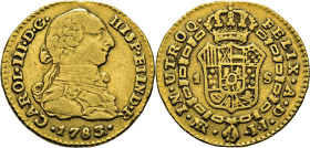 Nuevo Reino, Santa Fe de. 1 escudo. 1783 rectificado sobre otro 3. JJ. Muy rara. Conocemos tres ejemplares más