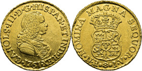 Nuevo Reino, Santa Fe de. 2 escudos. 1761. JV. Busto de Fernando VI. EBC-. Atractiva. Muy escasa