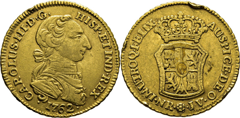 CARLOS III. Nuevo Reino, Santa Fe de. 2 escudos. 1762. JV. Primer año con busto ...