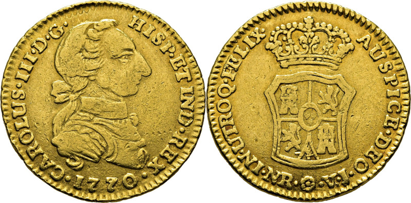 CARLOS III. Nuevo Reino, Santa Fe de. 2 escudos. 1770. VJ. Cy12424. Restrepo60-1...