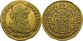 Nuevo Reino, Santa Fe de. 2 escudos. 1772. VJ. Vellocino con cabeza a la derecha. Tono