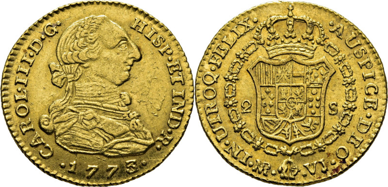 CARLOS III. Nuevo Reino, Santa Fe de. 2 escudos. 1773 sobre 2. VJ. Vellocino con...