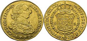 Nuevo Reino, Santa Fe de. 2 escudos. 1773 sobre 2. VJ. EBC+. Atractiva. Muy escasa