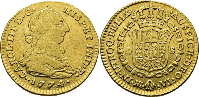 CARLOS III. Nuevo Reino, Santa Fe de. 2 escudos. 1774 sobre lo que parece un 3, ...