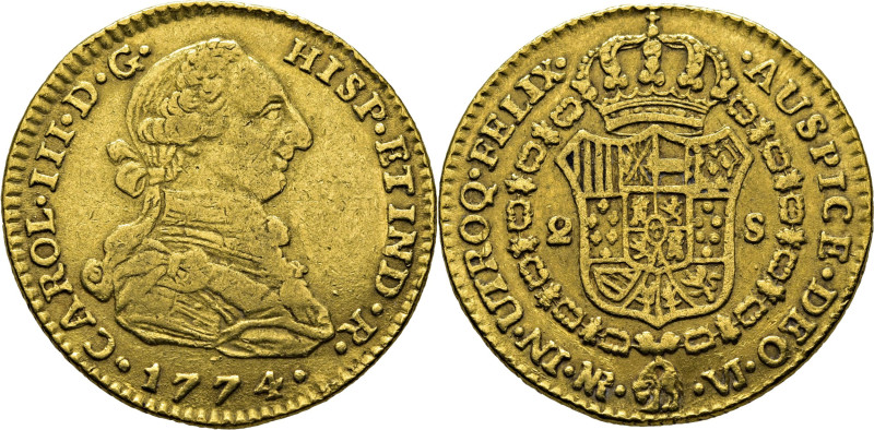 CARLOS III. Nuevo Reino, Santa Fe de. 2 escudos. 1774. VJ. Vellocino con cabeza ...