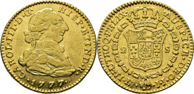 Nuevo Reino, Santa Fe de. 2 escudos. 1777. JJ. EBC-/EBC. Atractiva. Muy escasa