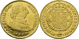 Nuevo Reino, Santa Fe de. 2 escudos. 1779 rectificado sobre 9. JJ. Escasa