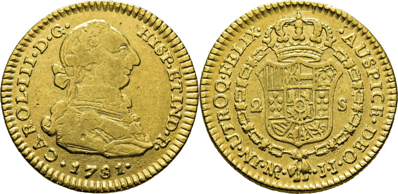 CARLOS III. Nuevo Reino, Santa Fe de. 2 escudos. 1781. JJ. Cy12505. Restrepo61-2...