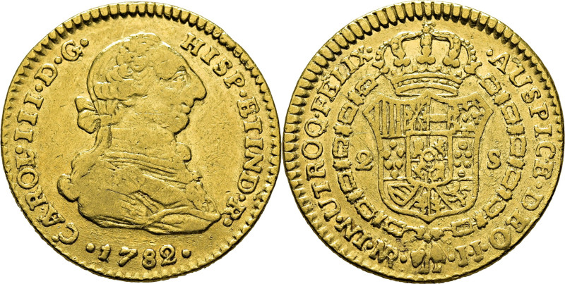 CARLOS III. Nuevo Reino, Santa Fe de. 2 escudos. 1782 sobre 1. JJ. Cy no cita es...